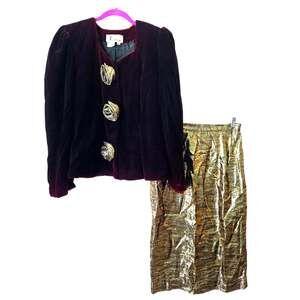 Vintage 80s Burgundy Velvet and Gold Skirt Suit Metallic Junnie Leigh Womens 14